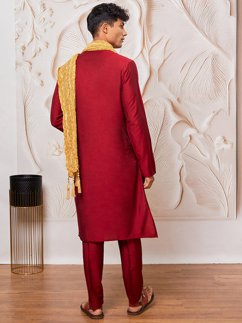 Men's Maroon Viscose Kurta, Pant And Dupatta Set